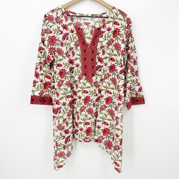 Exclusively For Signals Womens Tunic Top XL Floral Boho Handkerchief Hem Cotton - Picture 1 of 8